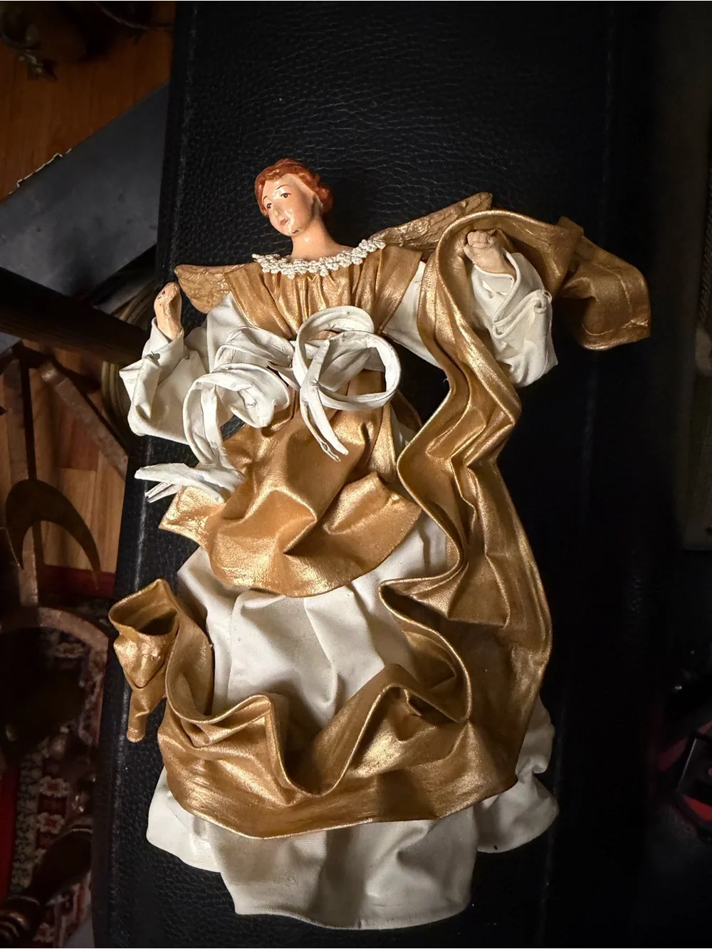 Vtg Pair Cartapesta Christmas Tree Topper Fabric Angel Mache Statue Italy